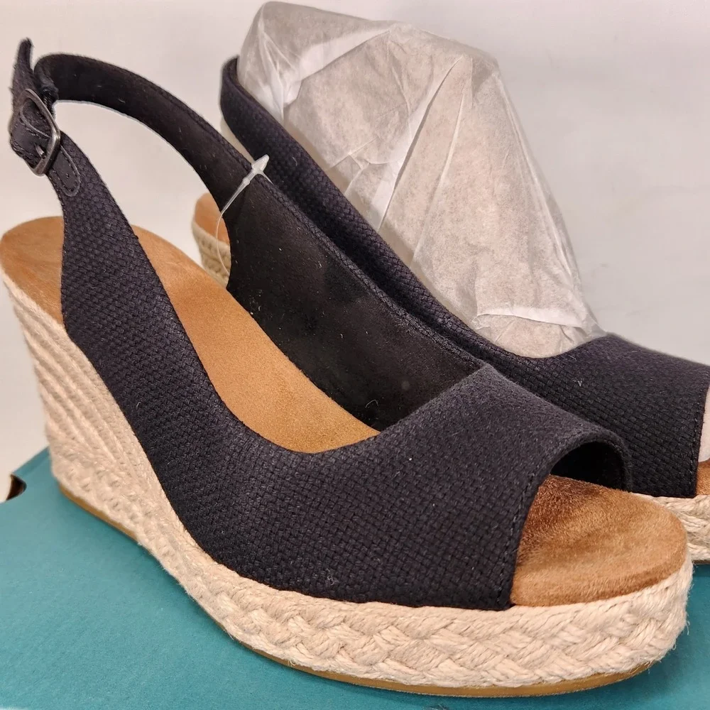 TOMS Camilla Wedge Sandals Women Size 8.5 Black Basketweave Espadrille Peep Toe